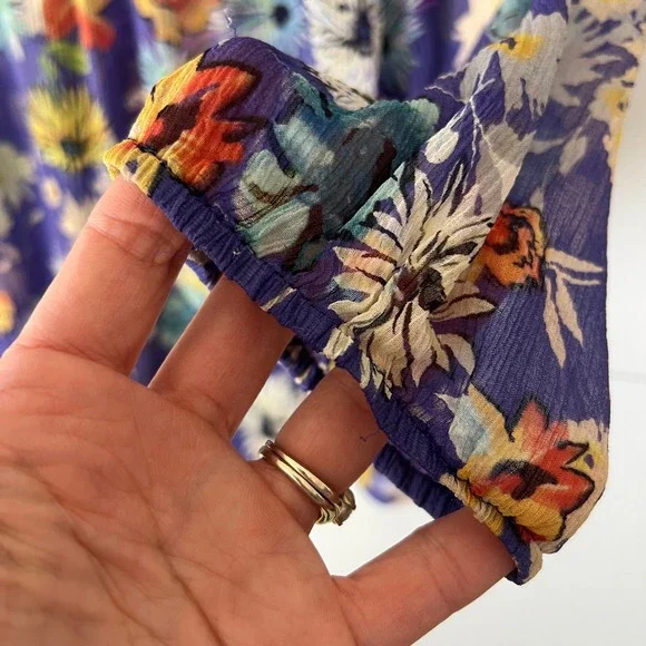 Sundance Blouse M Purple 100% Silk Floral Sheer Peasant Top Boho Cottagecore - Picture 8 of 10